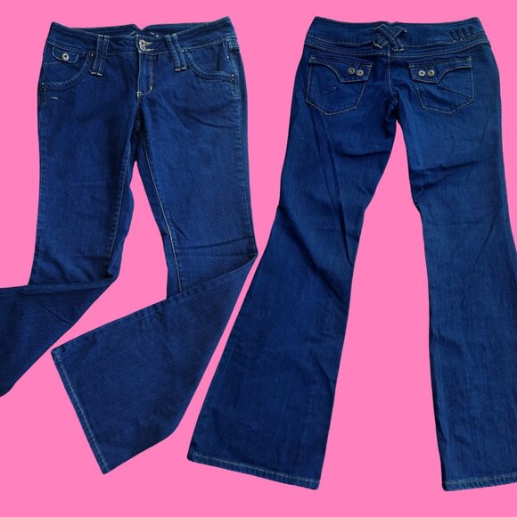 Y2K low Rise Bootcut Flare Jeans Dark Wash Flap Pockets US 11 Stretch Denim - Picture 1 of 9